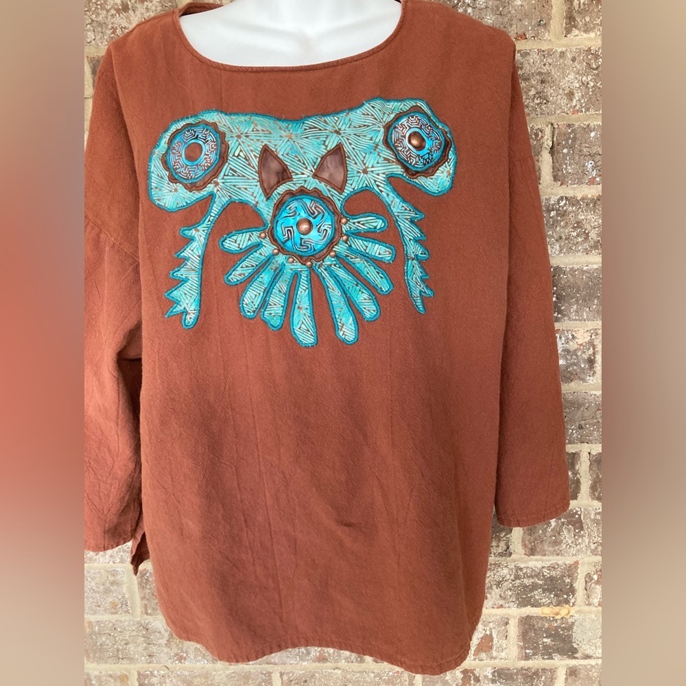 Alfredos Wife SZ L tunic top Brown Turquoise studded Appliqué Bling Vintage - Picture 2 of 9